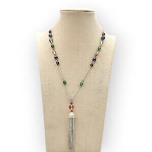 Coastal Color Beaded Silver Tassel Necklace • Long 35″ • Coastal Boho Luxe